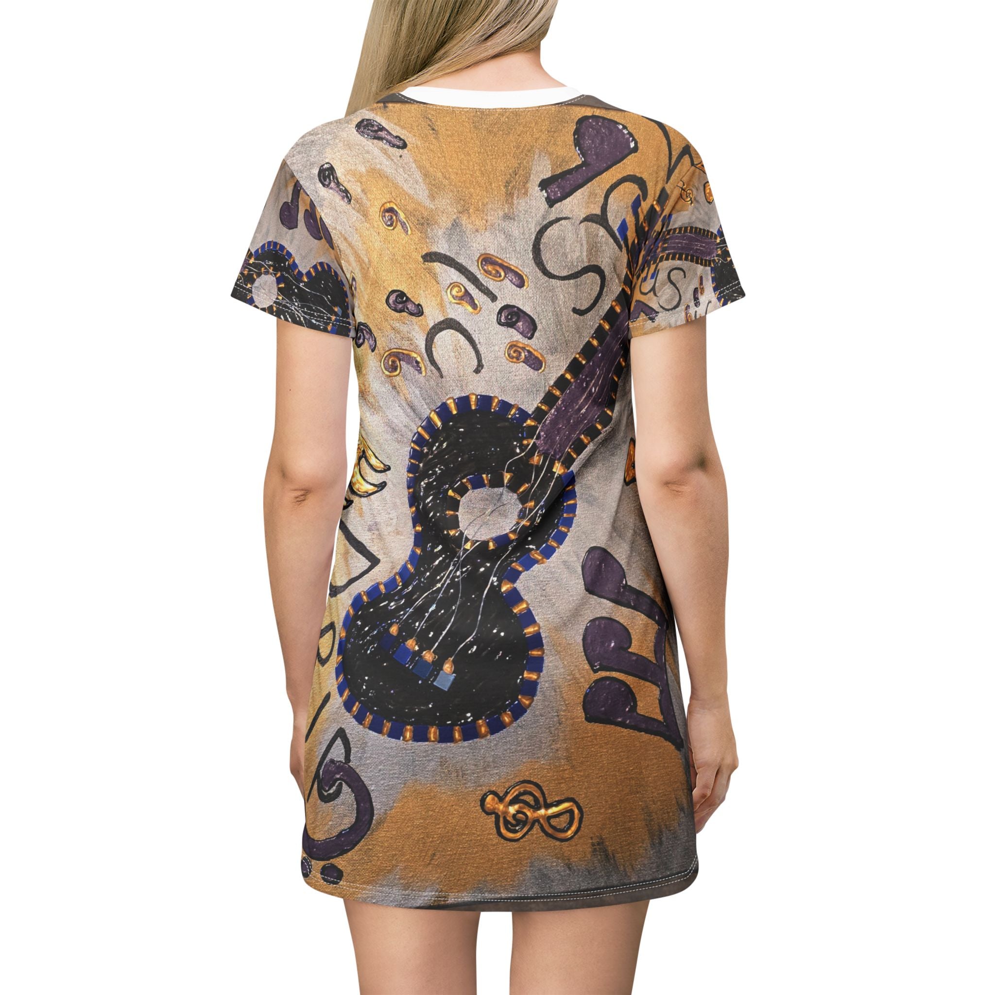 Musical Vibes T-Shirt Dress, Guitar Print, AOP Dress, Bohemian Style, Music Lover Gift, Casual Daywear