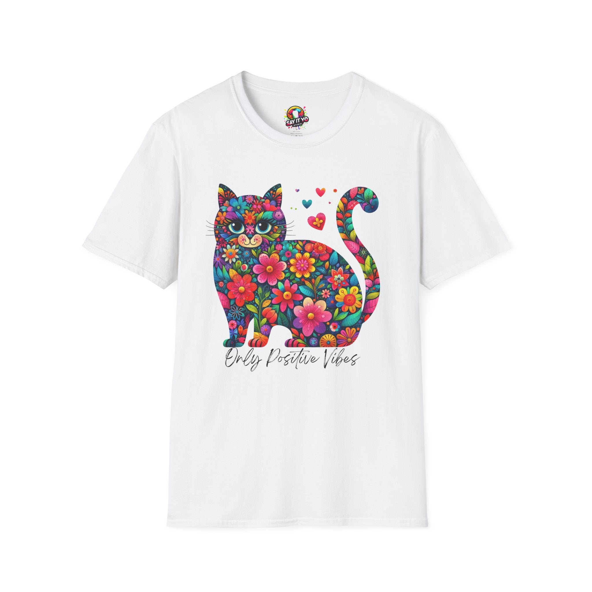 Colorful Cat Graphic T-Shirt - Only Positive Vibes