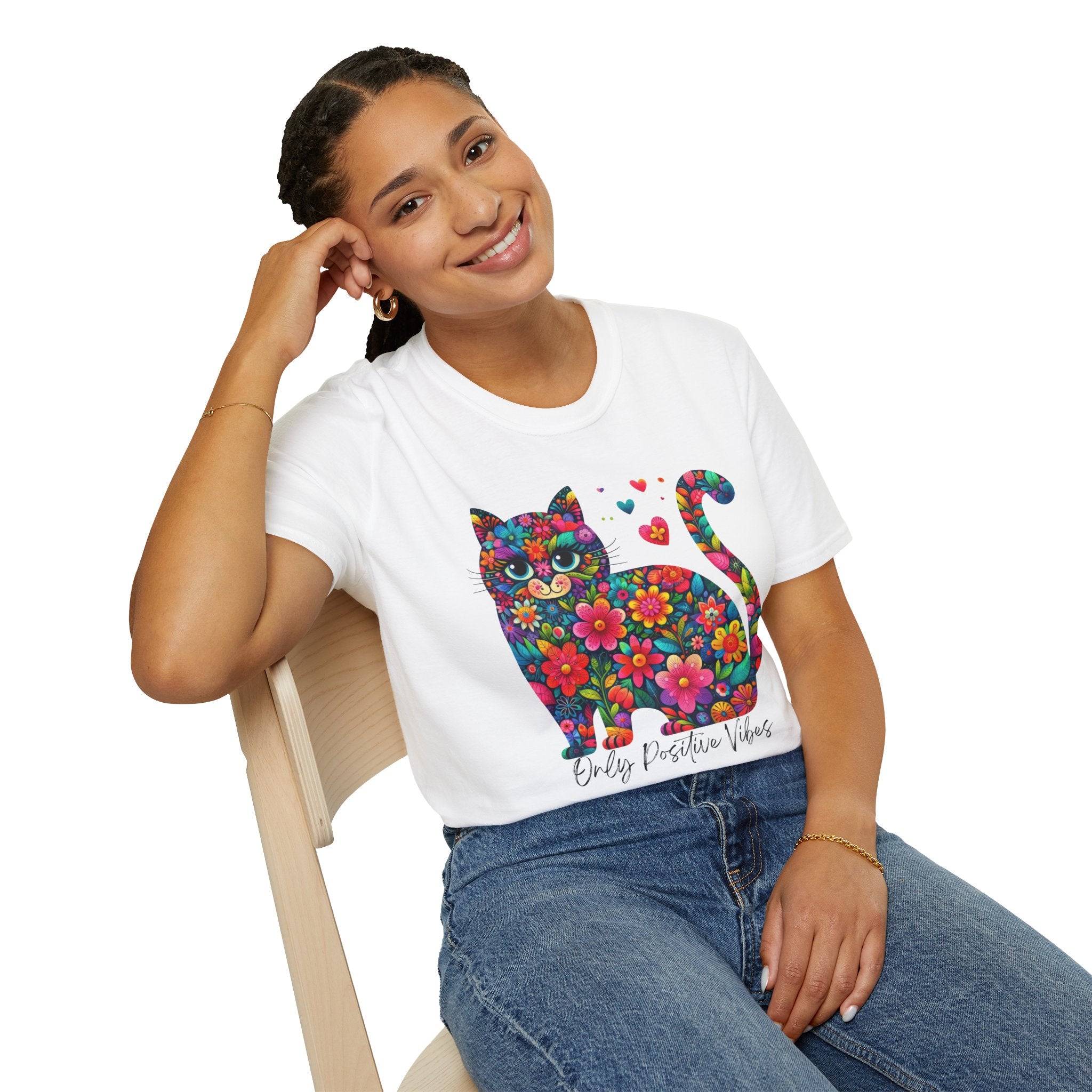 Colorful Cat Graphic T-Shirt - Only Positive Vibes