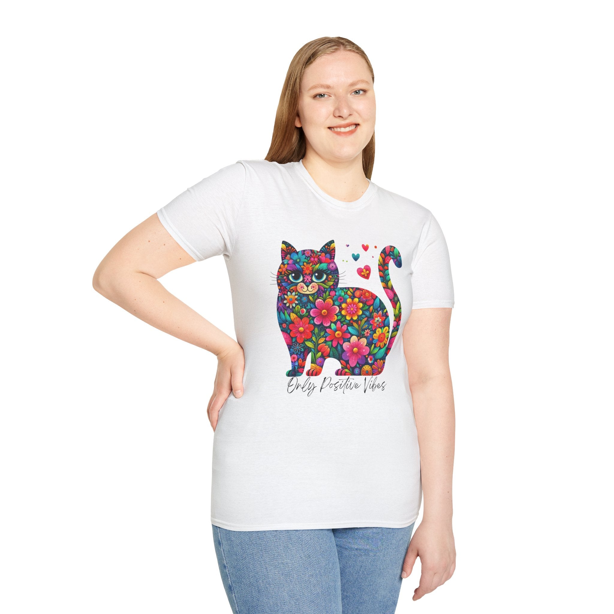 Colorful Cat Graphic T-Shirt - Only Positive Vibes