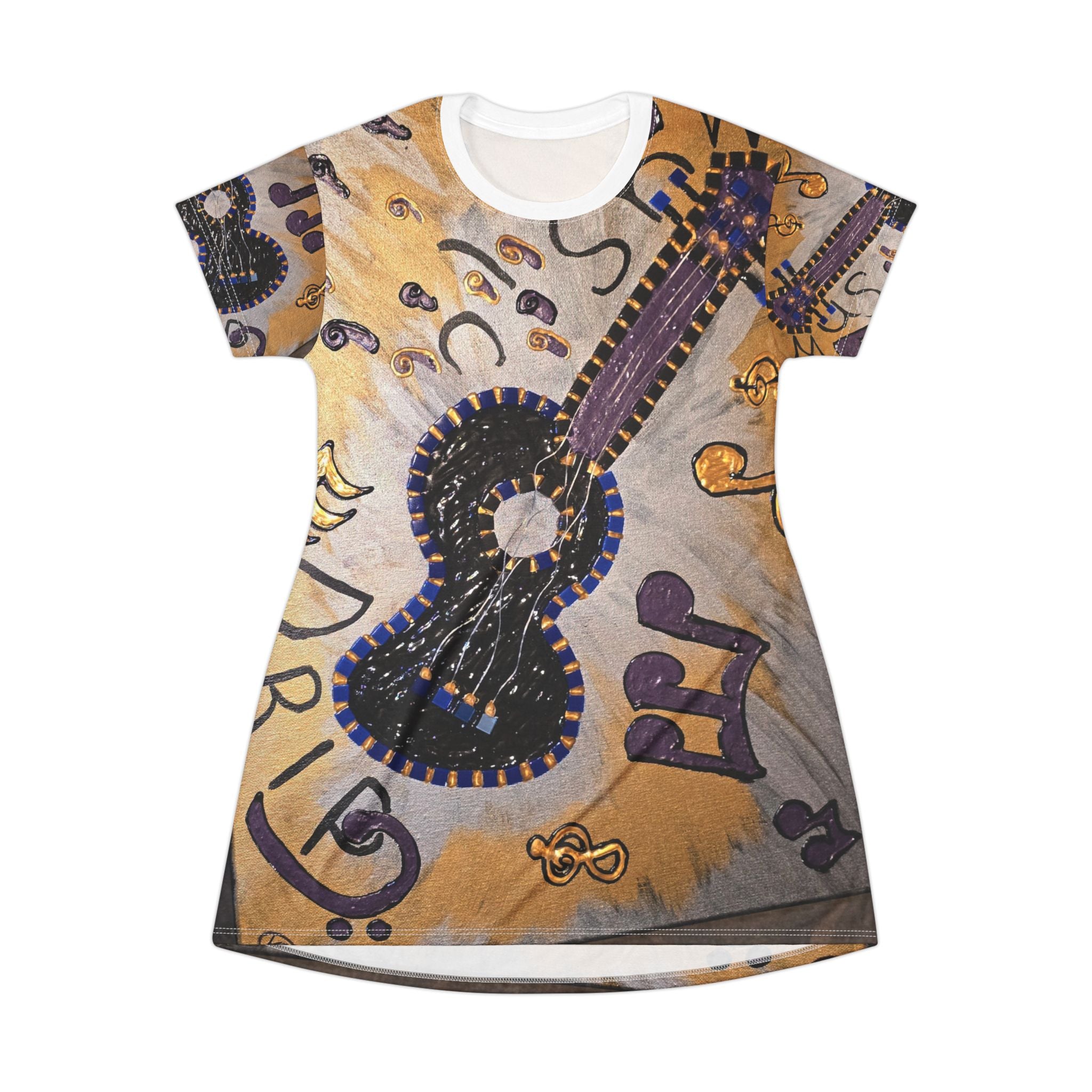 Musical Vibes T-Shirt Dress, Guitar Print, AOP Dress, Bohemian Style, Music Lover Gift, Casual Daywear