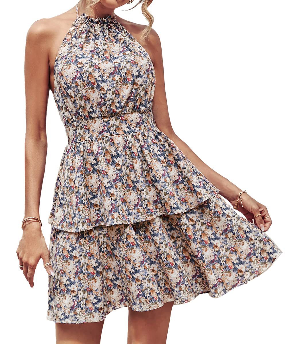 Summer Printed Halter Fashion Boho Backless Ruffled A-Line Beach Dress
