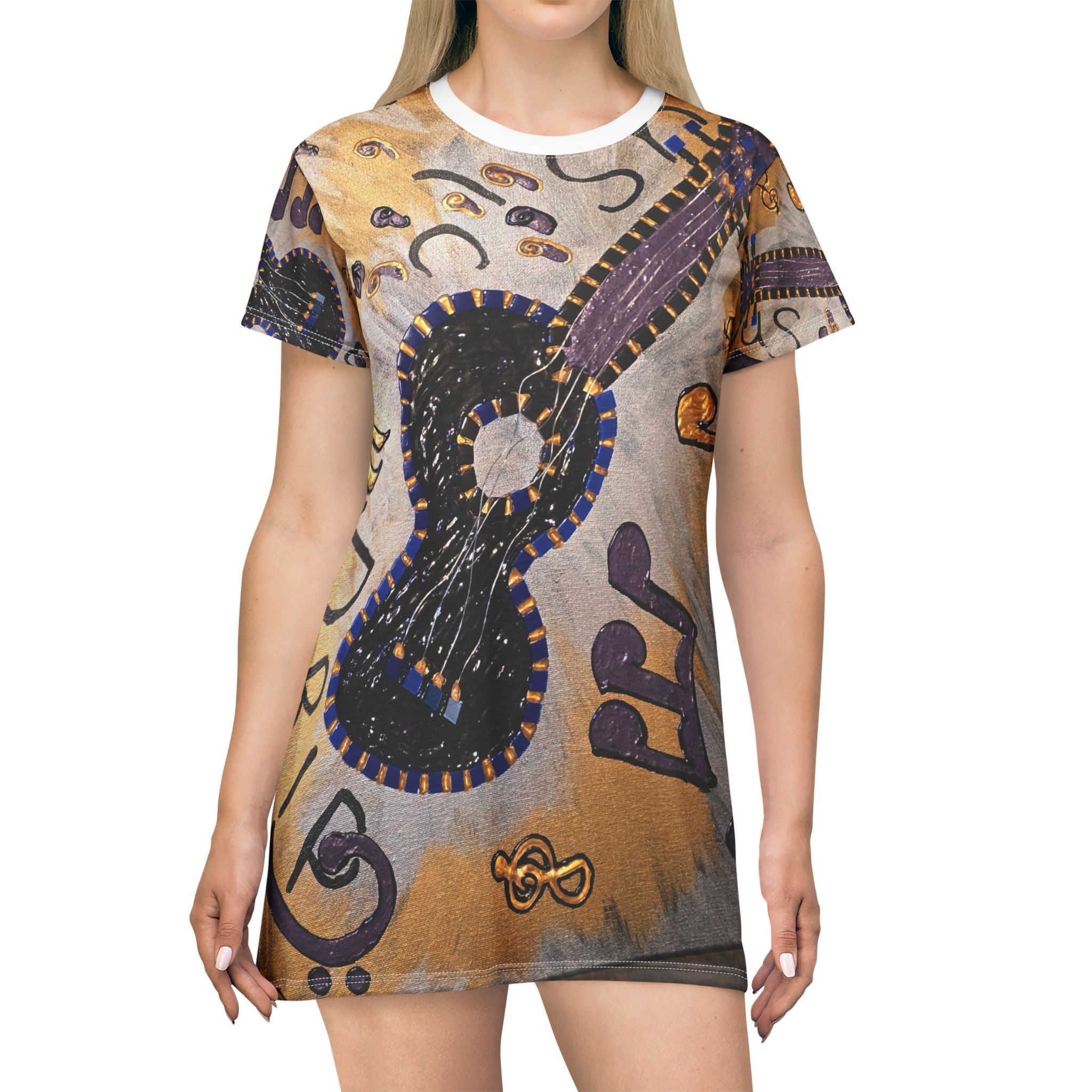 Musical Vibes T-Shirt Dress, Guitar Print, AOP Dress, Bohemian Style, Music Lover Gift, Casual Daywear