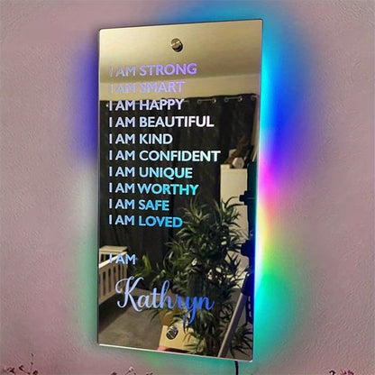 A Custom LED Front Mirror Light Featuring Personalized Text