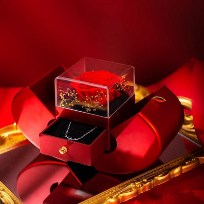 Red Apple Jewelry Box Christmas Gift Necklace Eternal Rose For Girl Mother&