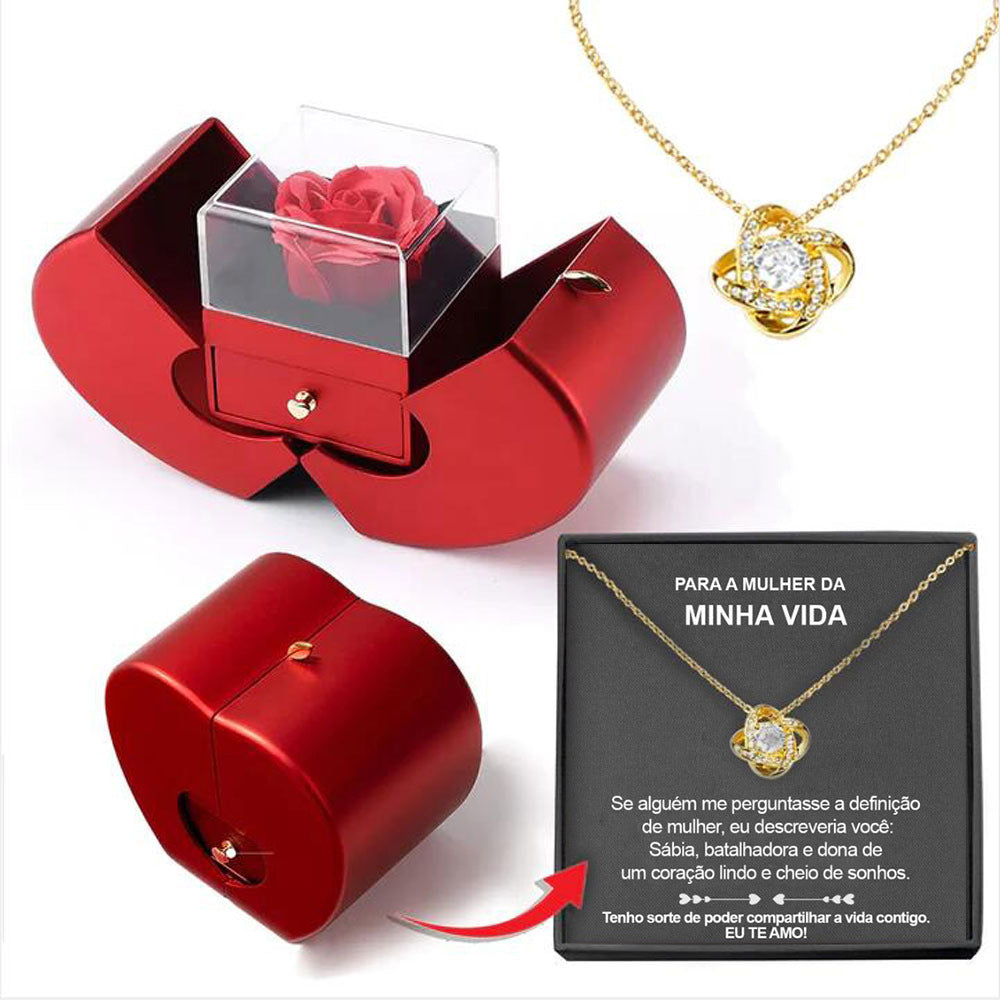Red Apple Jewelry Box Christmas Gift Necklace Eternal Rose For Girl Mother&