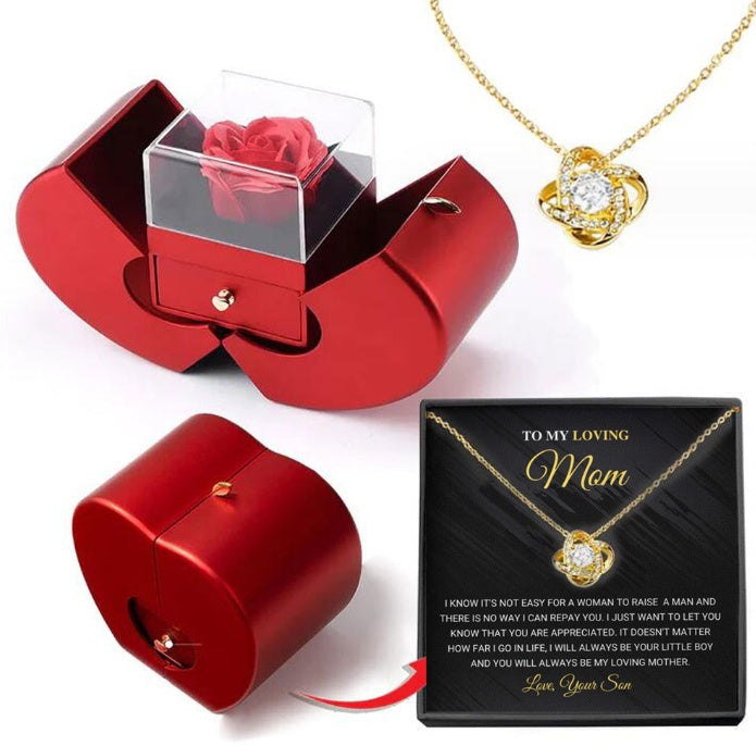 Red Apple Jewelry Box Christmas Gift Necklace Eternal Rose For Girl Mother&