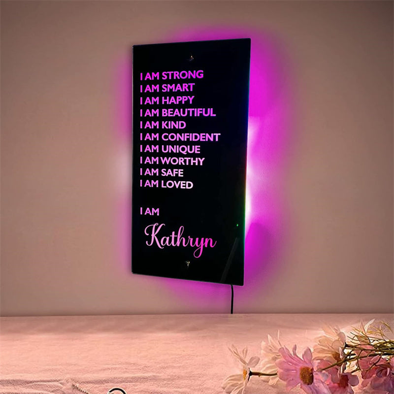 A Custom LED Front Mirror Light Featuring Personalized Text
