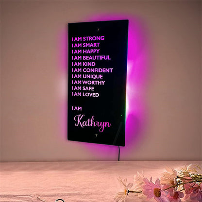 A Custom LED Front Mirror Light Featuring Personalized Text