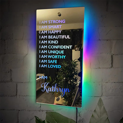 A Custom LED Front Mirror Light Featuring Personalized Text