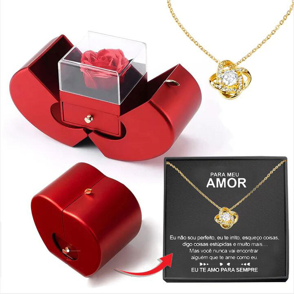 Red Apple Jewelry Box Christmas Gift Necklace Eternal Rose For Girl Mother&