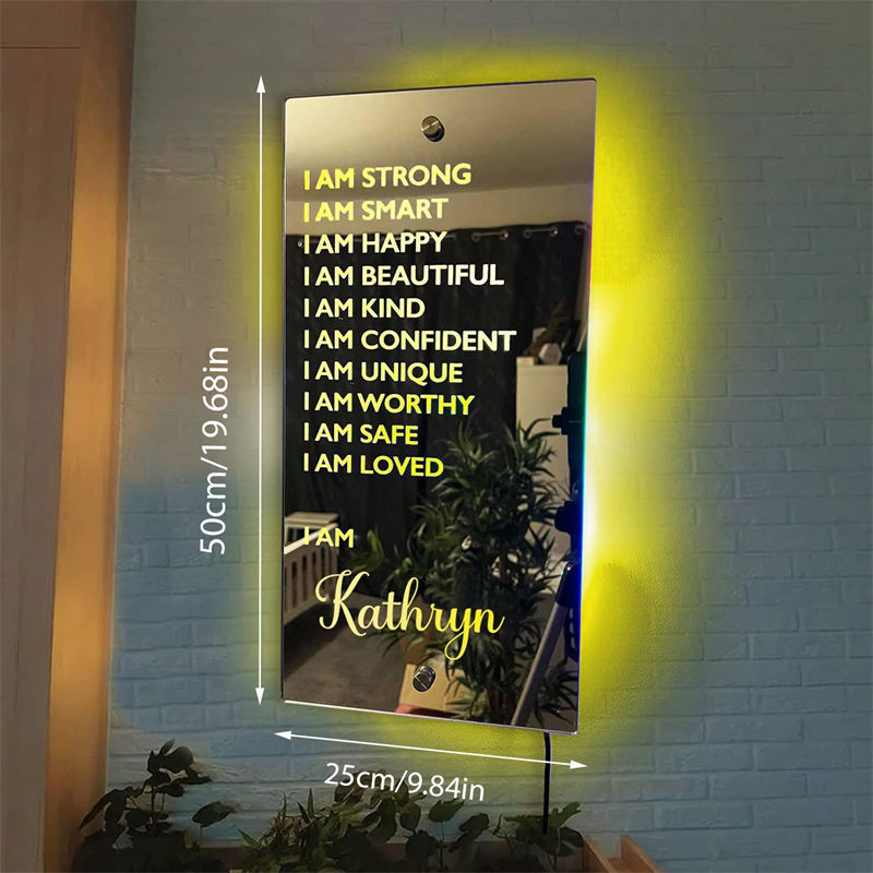 A Custom LED Front Mirror Light Featuring Personalized Text