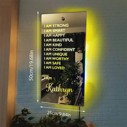 A Custom LED Front Mirror Light Featuring Personalized Text