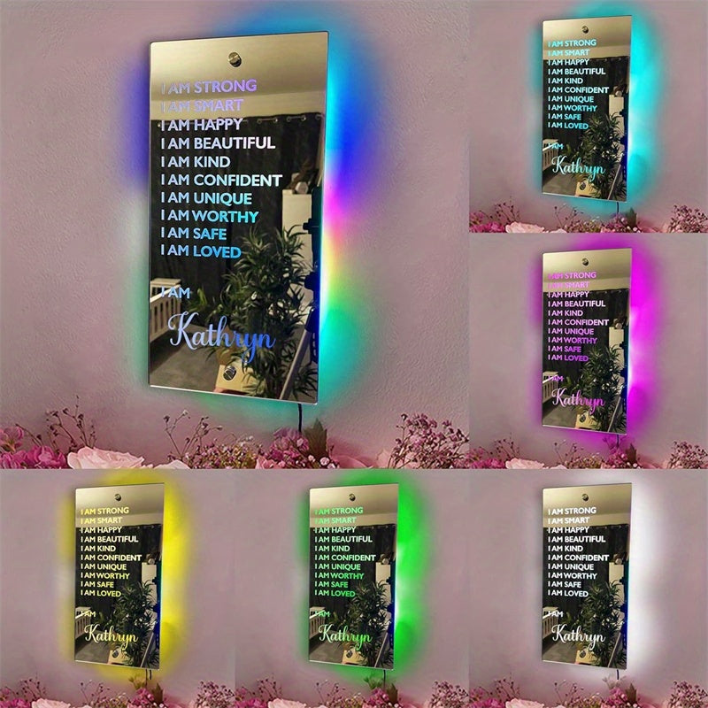 A Custom LED Front Mirror Light Featuring Personalized Text