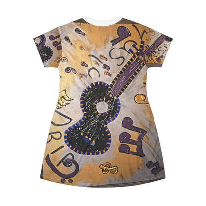 Musical Vibes T-Shirt Dress, Guitar Print, AOP Dress, Bohemian Style, Music Lover Gift, Casual Daywear