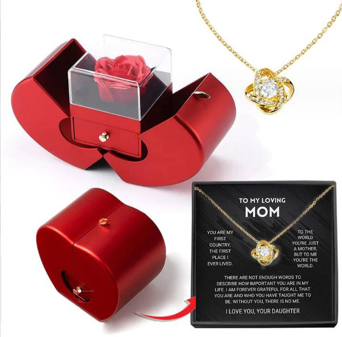 Red Apple Jewelry Box Christmas Gift Necklace Eternal Rose For Girl Mother&