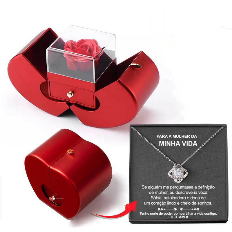 Red Apple Jewelry Box Christmas Gift Necklace Eternal Rose For Girl Mother&