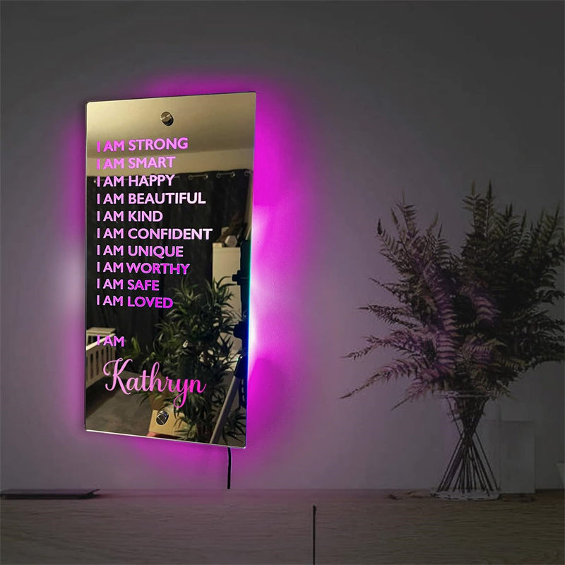 A Custom LED Front Mirror Light Featuring Personalized Text