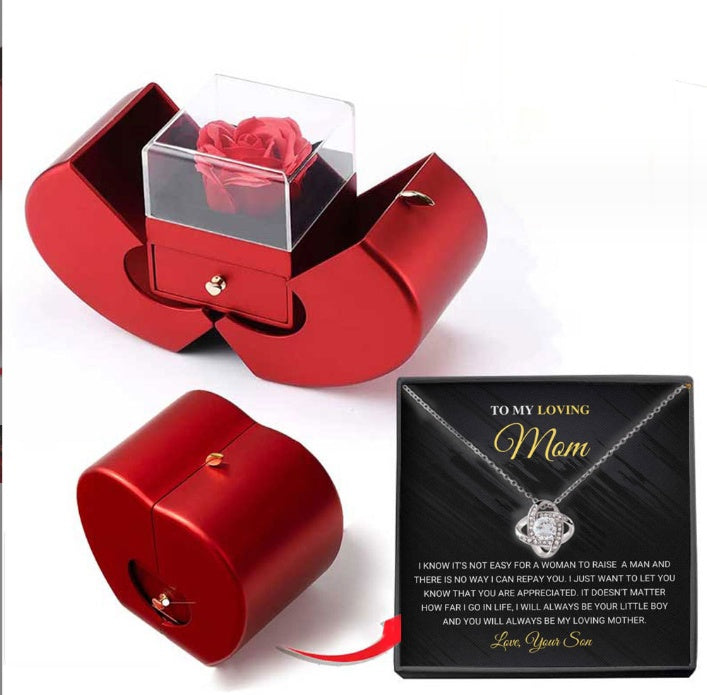 Red Apple Jewelry Box Christmas Gift Necklace Eternal Rose For Girl Mother&
