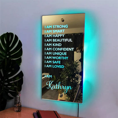 A Custom LED Front Mirror Light Featuring Personalized Text