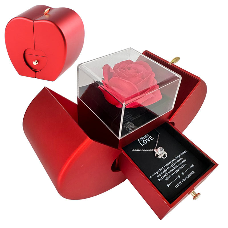 Red Apple Jewelry Box Christmas Gift Necklace Eternal Rose For Girl Mother&