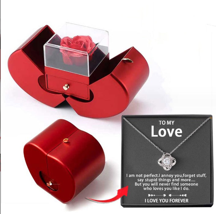 Red Apple Jewelry Box Christmas Gift Necklace Eternal Rose For Girl Mother&