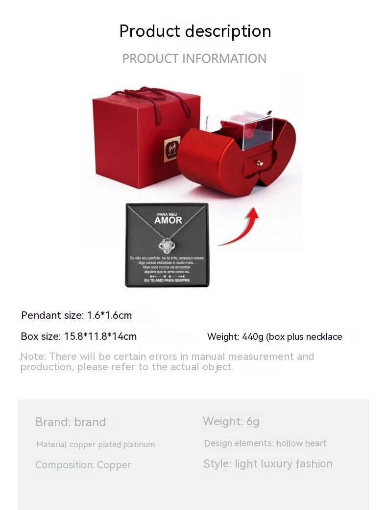 Red Apple Jewelry Box Christmas Gift Necklace Eternal Rose For Girl Mother&